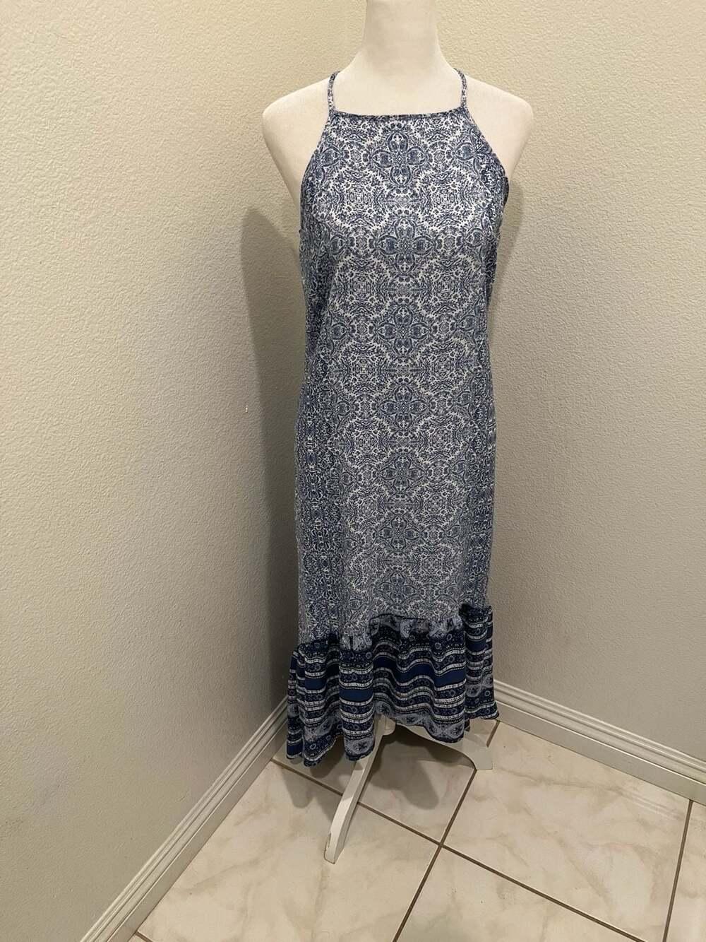Knox Rose Women's Blue and White Boho Print High-Low Maxi Dress Spaghetti Straps
